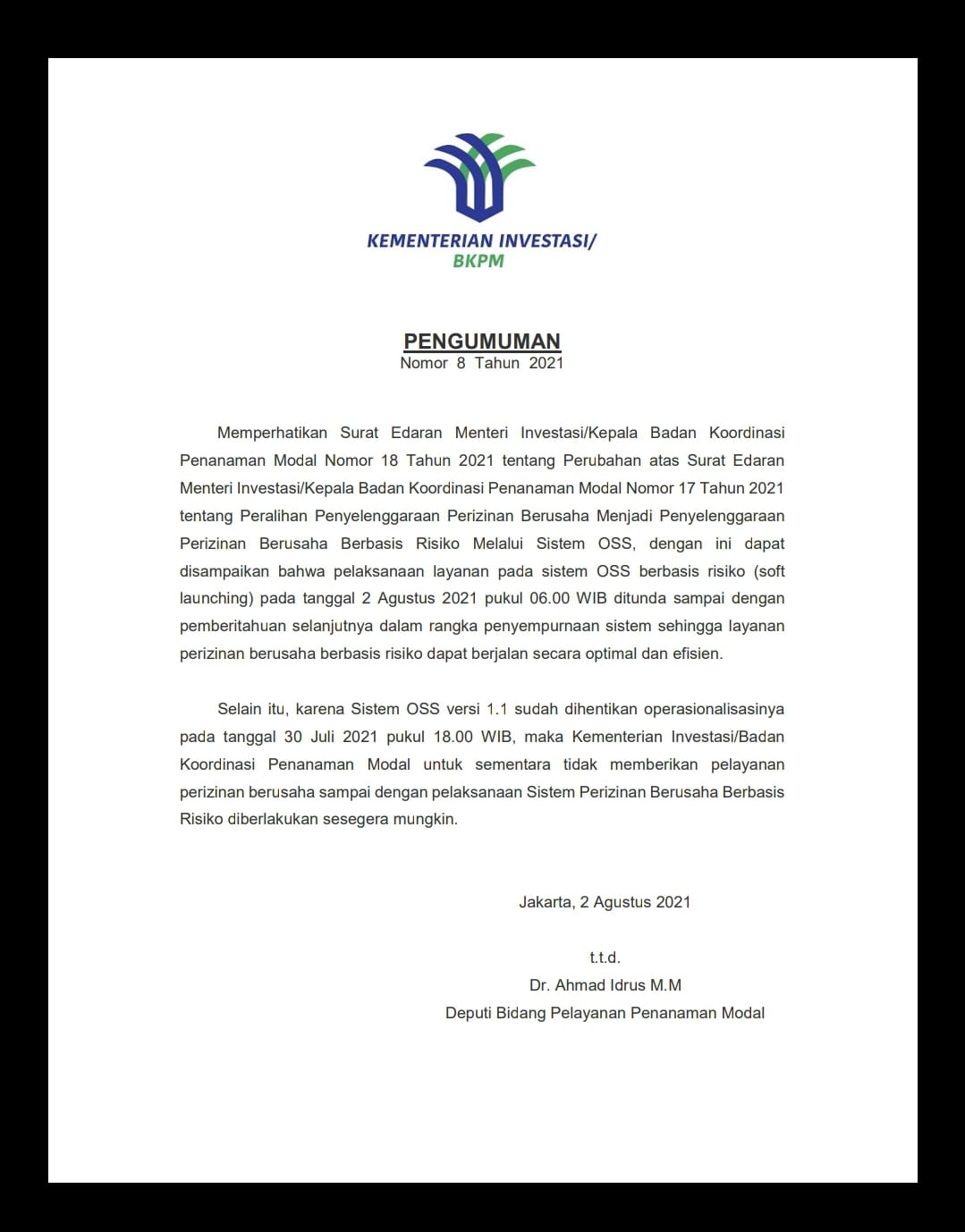 Surat Edaran Menteri Investasi/Kepala Badan Koordinasi Penanaman Modal